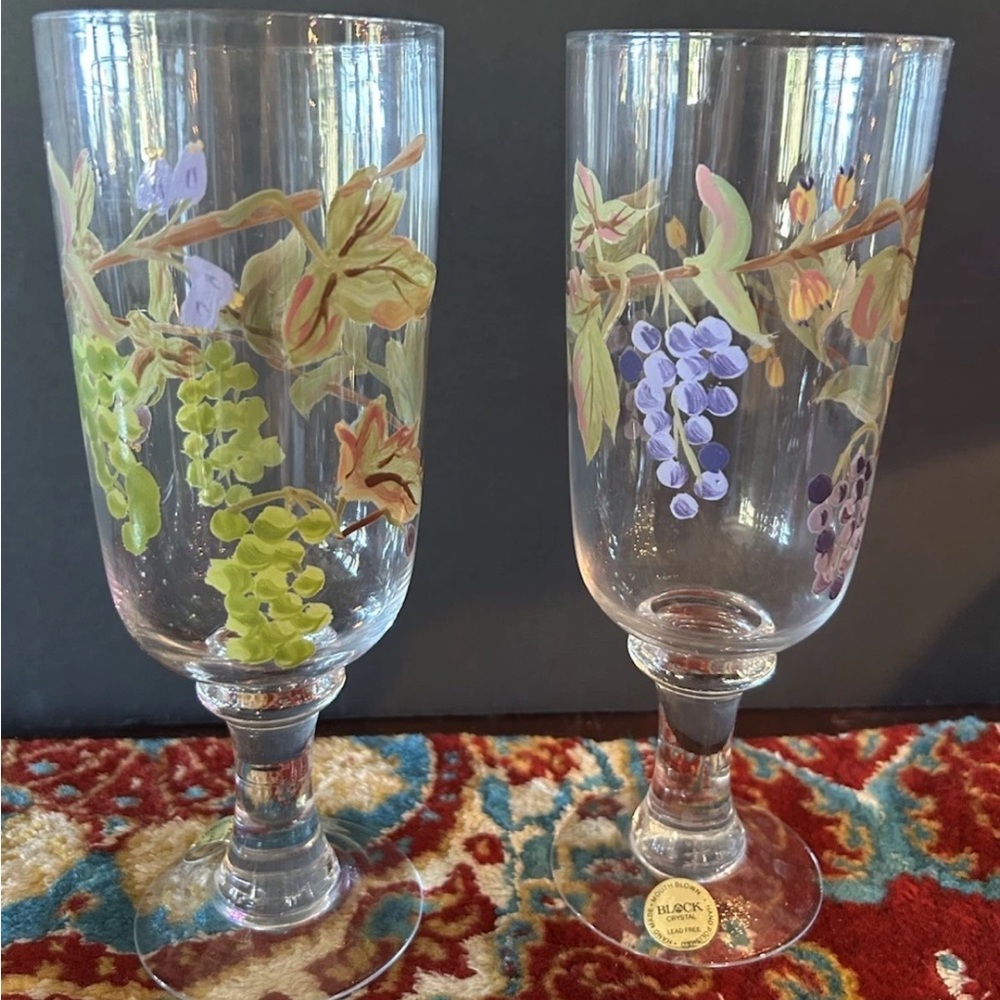 4 Vintage Block Crystal Painted Drink Glasses Footed Iced Water/Tea 9" NOS - Picture 5 of 11